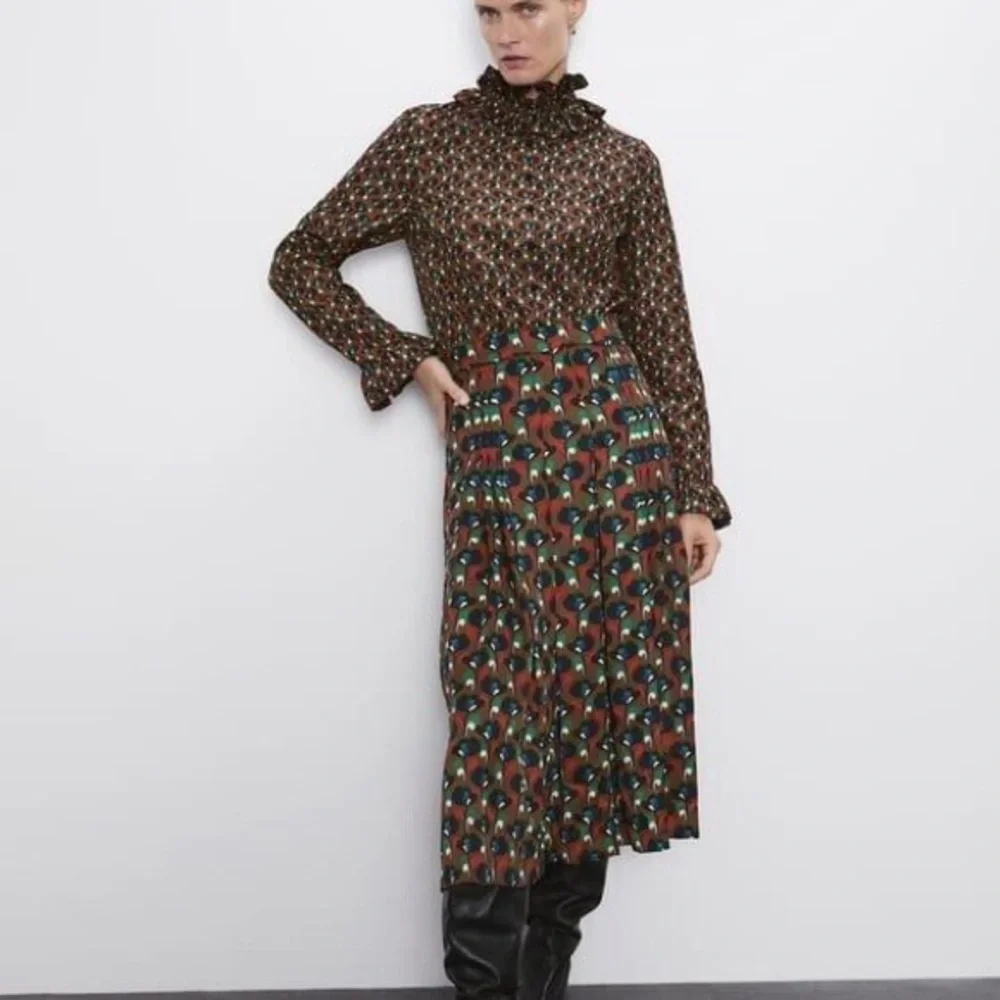 Zara Geometric Pleated Midi Skirt Brown Pattern Plus Size XXL - Picture 4 of 11